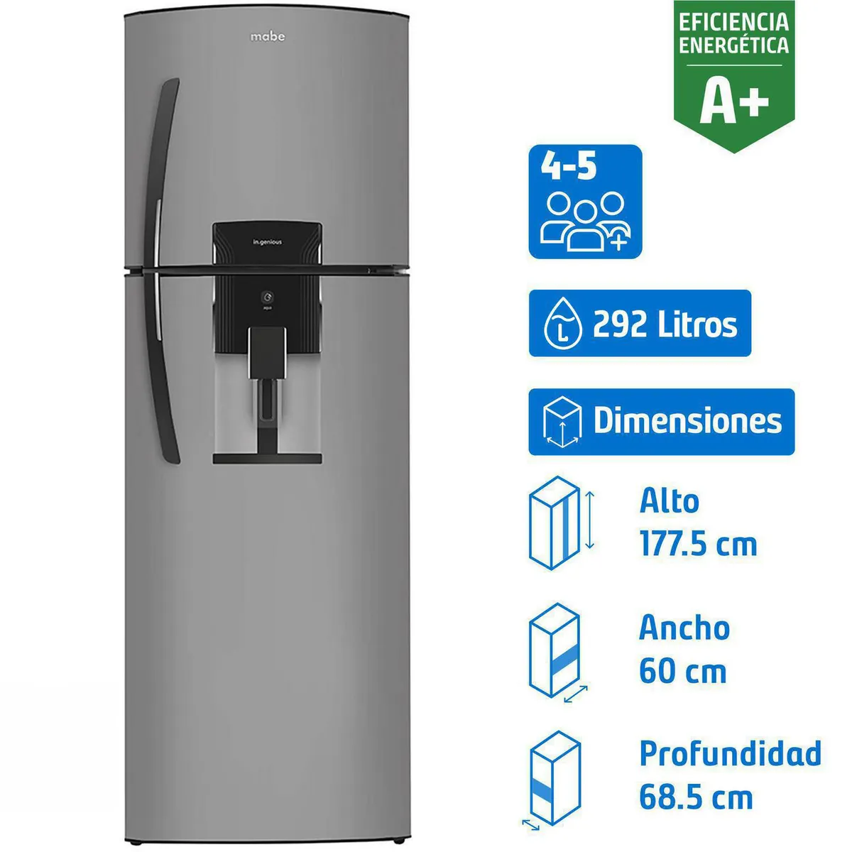 MABE - Refrigerador Top Freezer No Frost 292 Litros Platinum RMA300FWUT