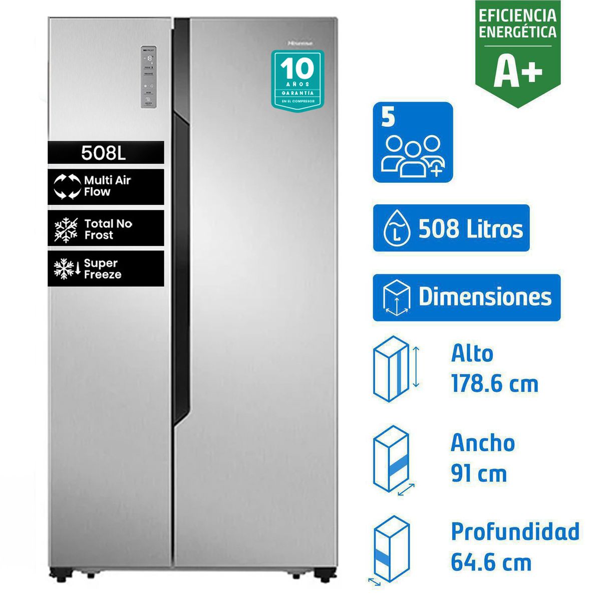 HISENSE - Refrigerador 2 Puertas Side by Side No Frost 508 Litros Inox RC-67WS2