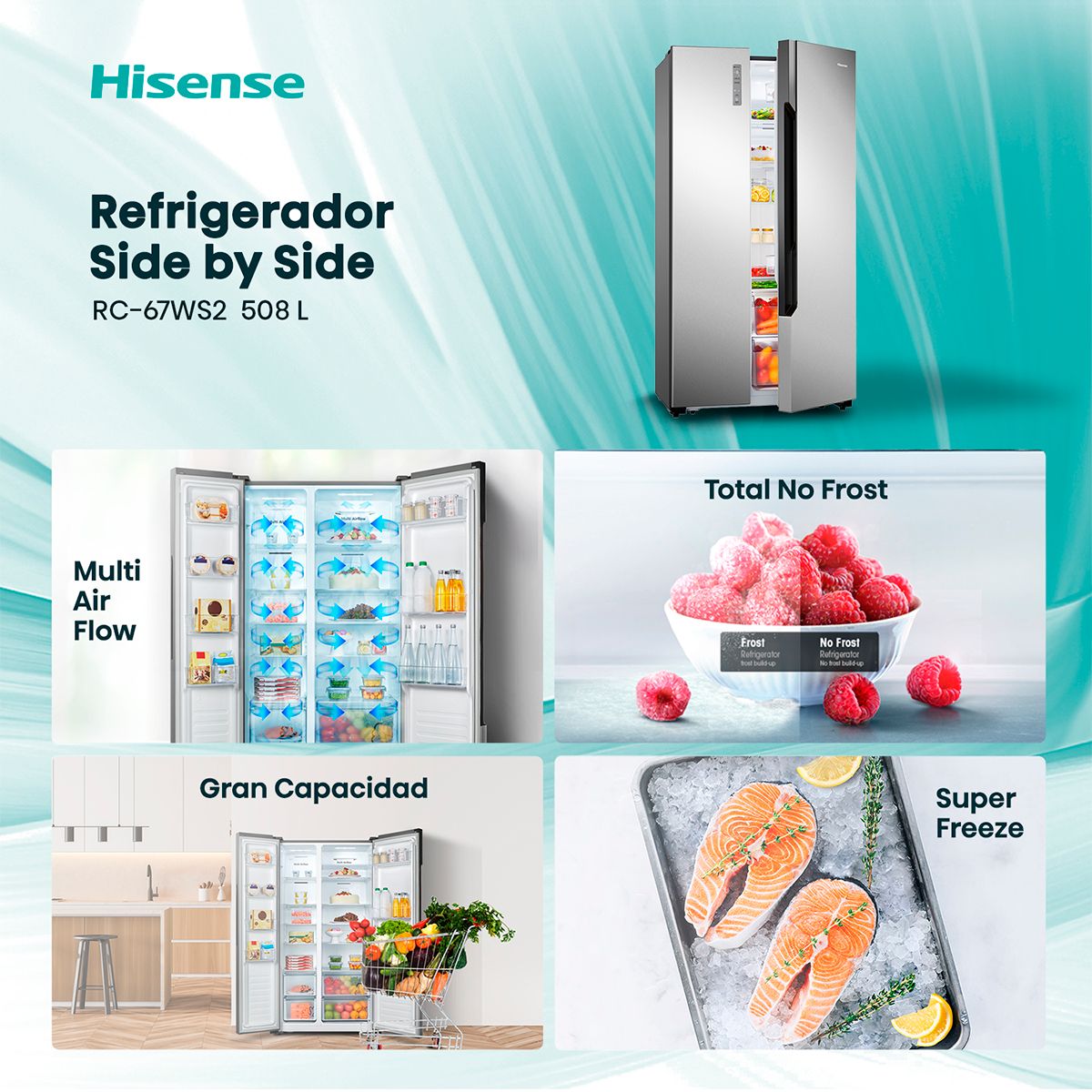 HISENSE - Refrigerador 2 Puertas Side by Side No Frost 508 Litros Inox RC-67WS2