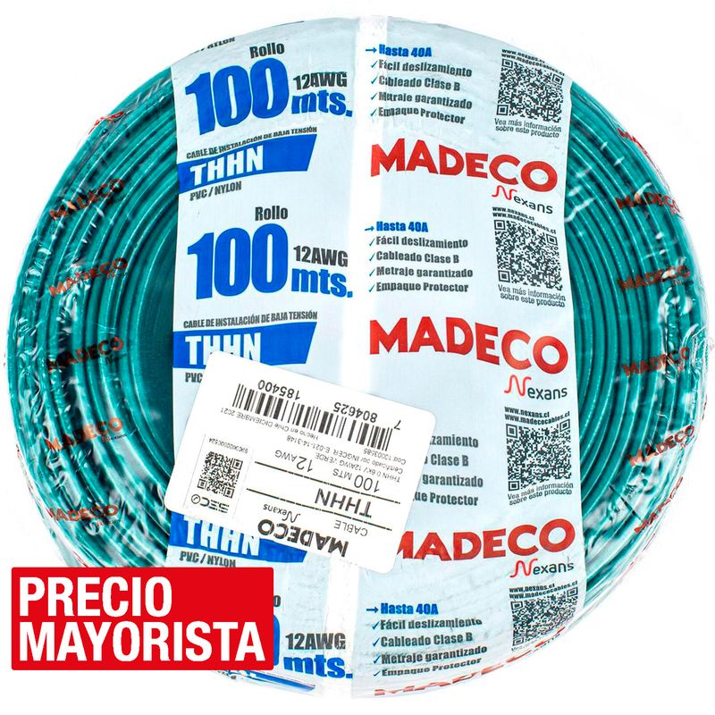 MADECO - Cable eléctrico (Thhn) 12 Awg 100 m Verde