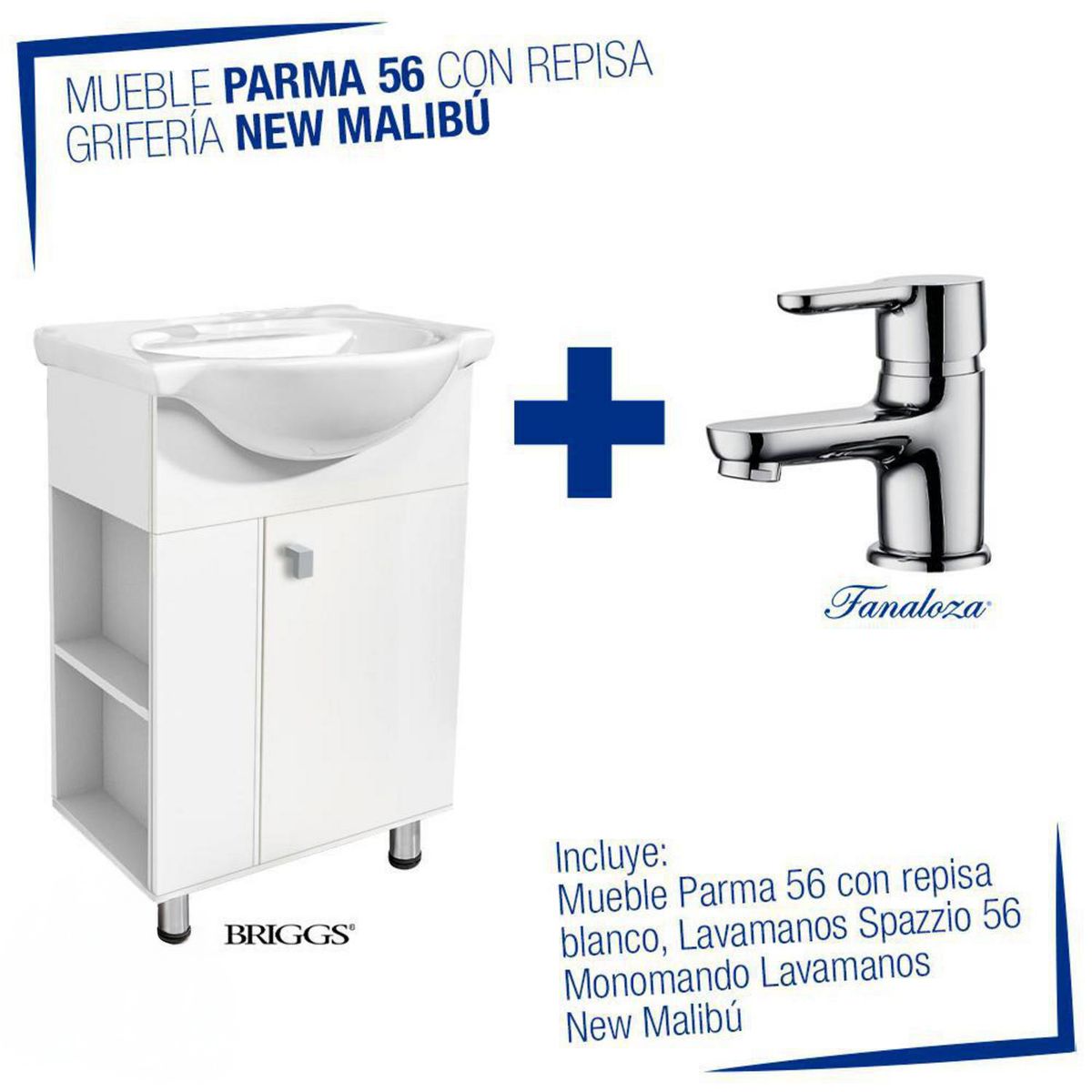 BRIGGS - Combo mueble con repisa Parma bco más griferia malibu