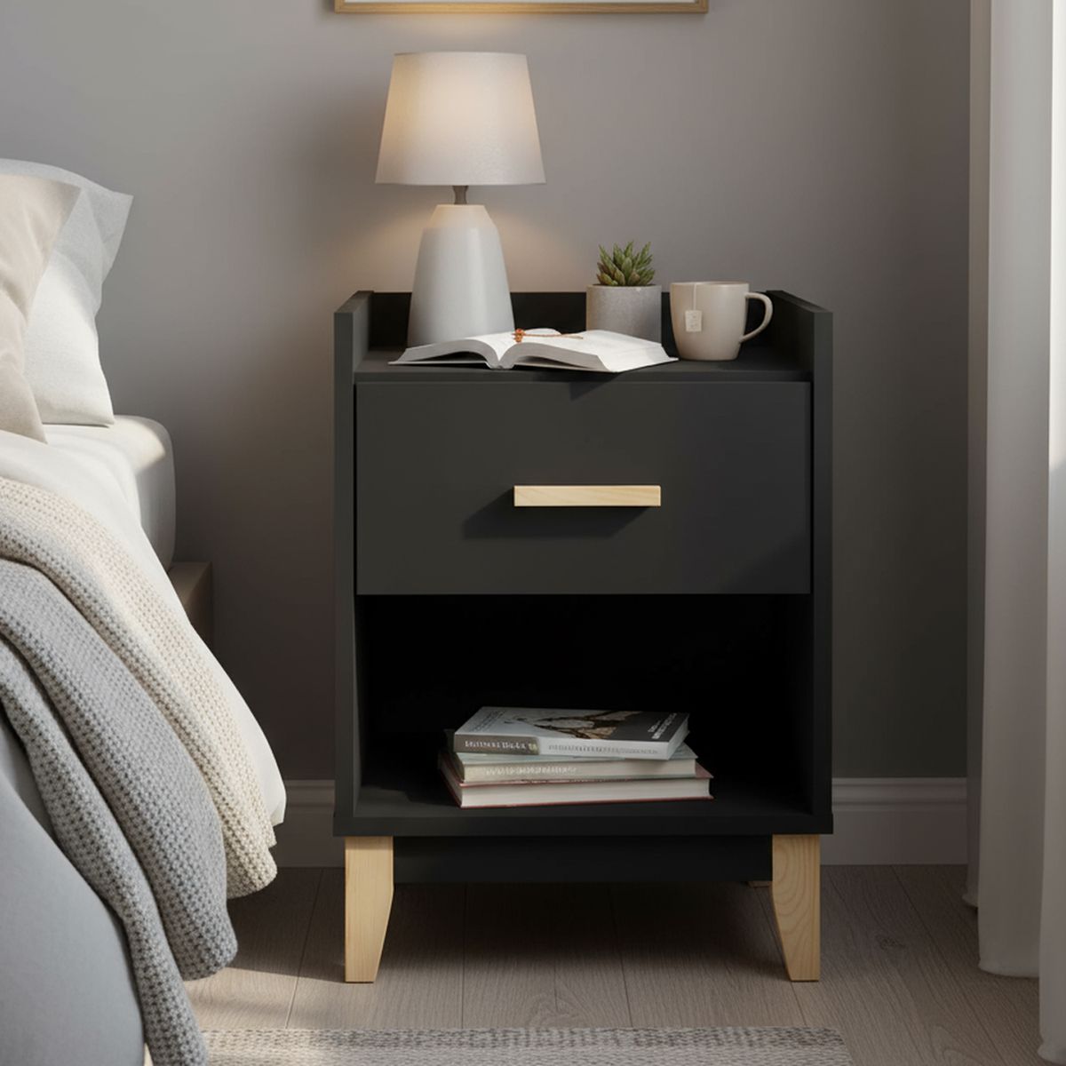 HOGA - Velador 1 Cajón(es) Pascale 40x56x39 cm Negro