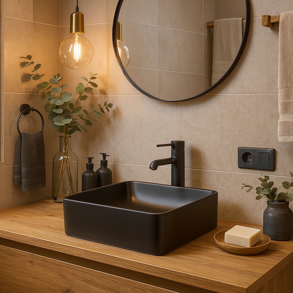 DOMSA - Lavamanos Sobrepuesto Forma Cuadrada Loza 37x13x37 cm Negro