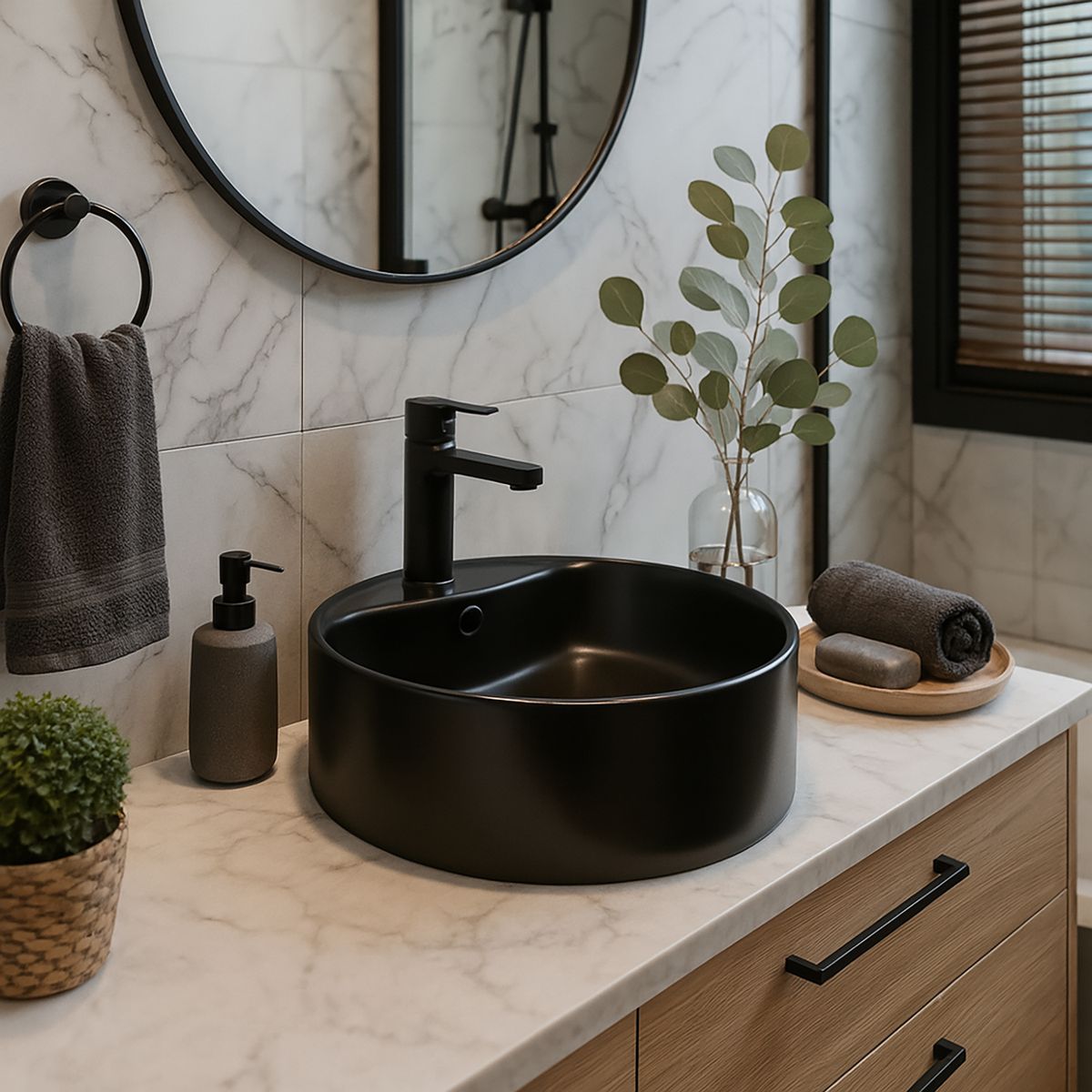 DOMSA - Lavamanos Sobrepuesto Forma Redonda Loza 40x13x40 cm Negro