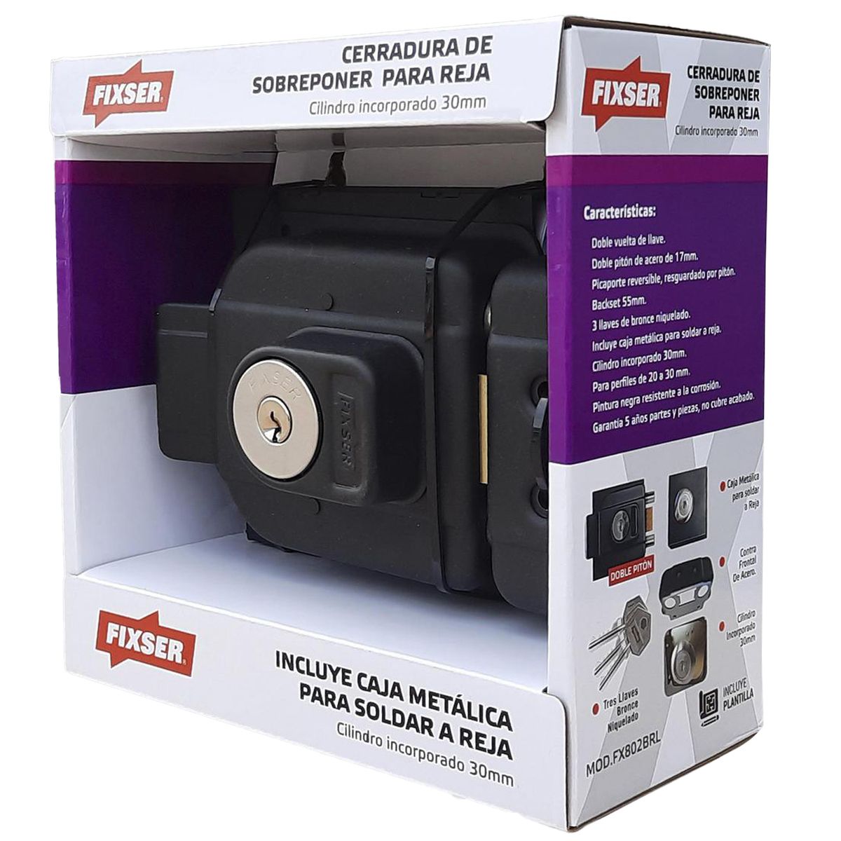 FIXSER - Cerradura de sobreponer 2 piton CI 30mm, incluye caja reja
