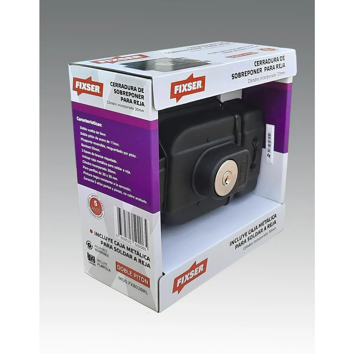 FIXSER - Cerradura de sobreponer 2 piton CI 30mm, incluye caja reja