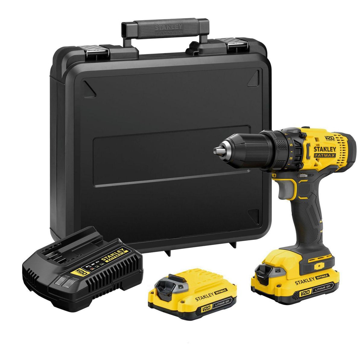 STANLEY - Kit Taladro Atornillador Inalámbrico 20V +2 baterías +Cargador +Maleta