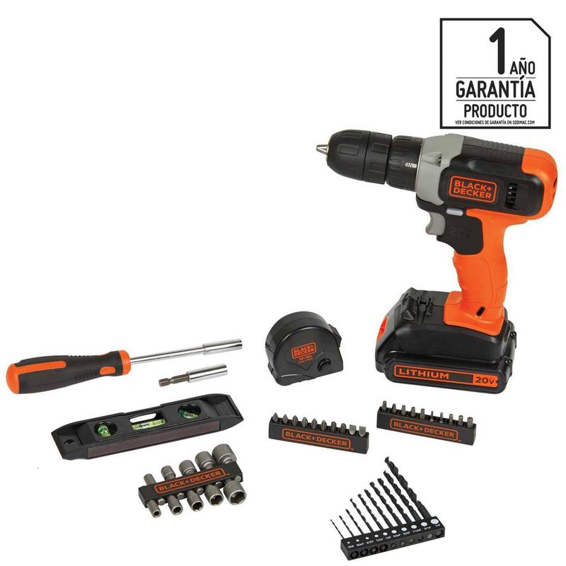BLACK+DECKER - Taladro Inalámbrico Rotación 10 mm 20 V/1 Batería/44 Accesorios