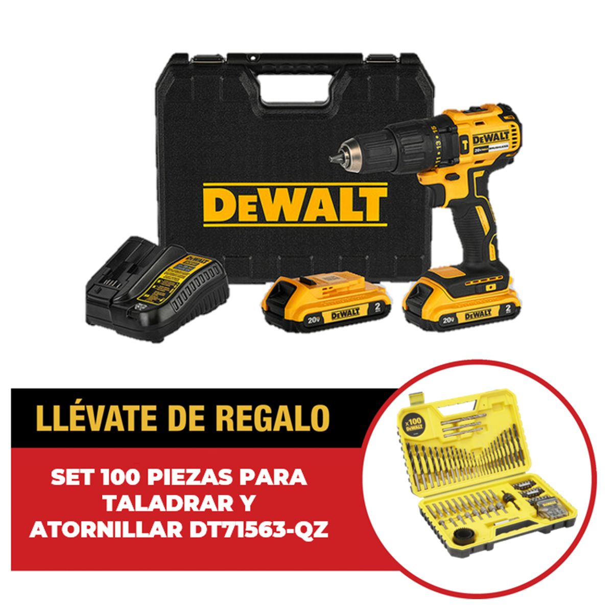 DEWALT - Taladro Inalámbrico Percutor 13 mm 20 V/2 Baterías/100 Accesorios