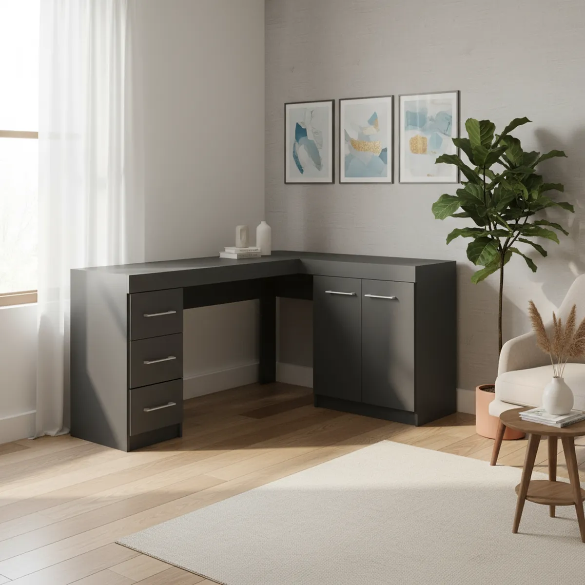 VEKKAHOME - Escritorio Esquinero L Gris 152x75x45 cm