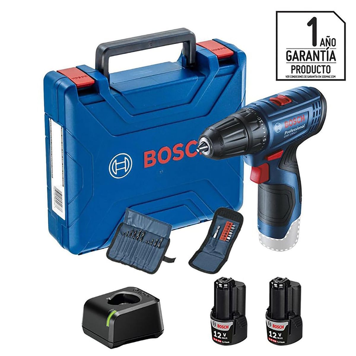 BOSCH - Taladro inalámbrico atornillador 10 mm 12V + 2 baterías + 23 accesorios