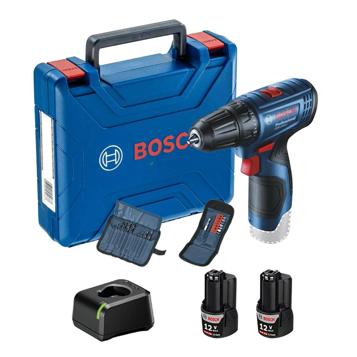 BOSCH - Taladro inalámbrico atornillador 10 mm 12V + 2 baterías + 23 accesorios
