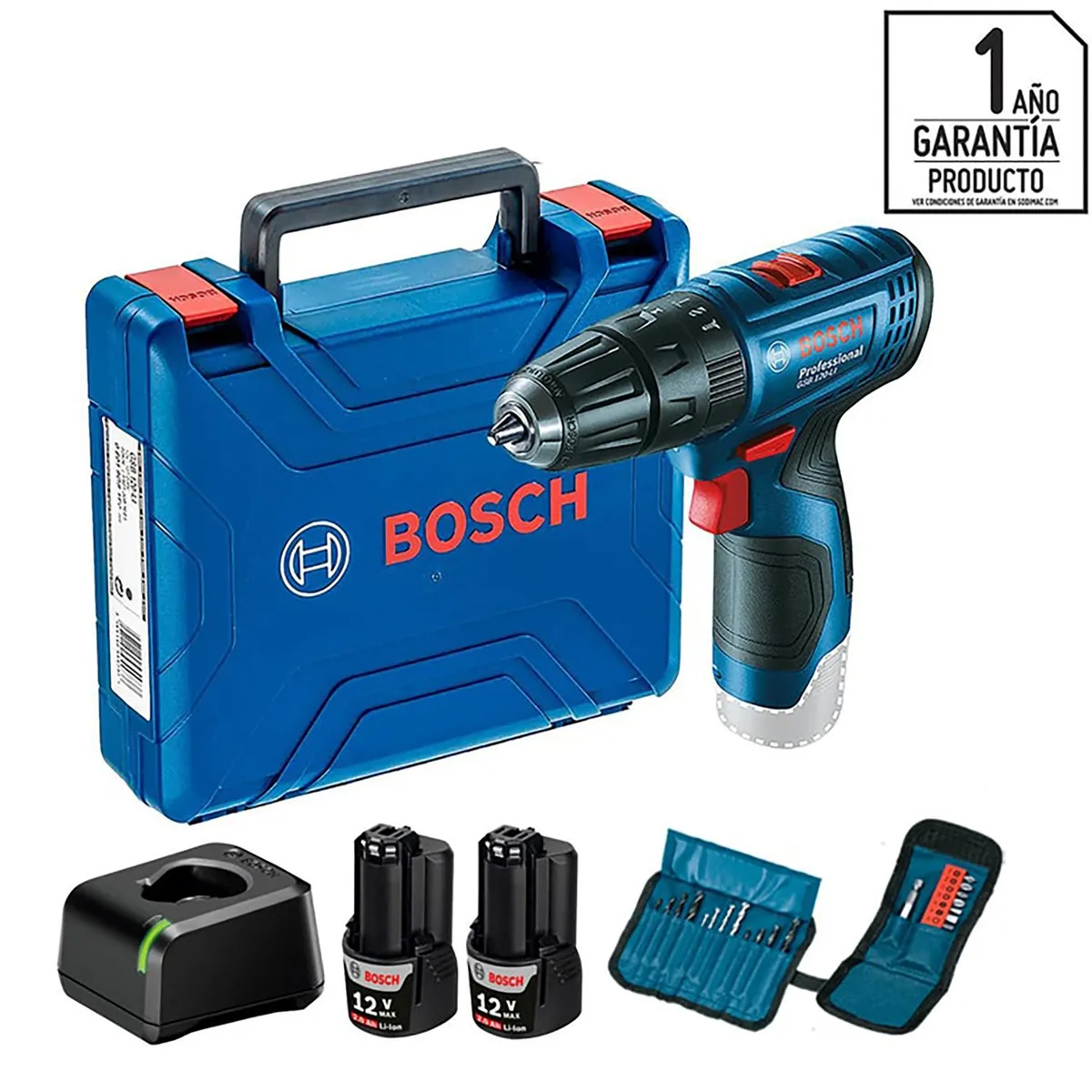 BOSCH - Taladro inalámbrico percutor 10 mm 12V + 2 baterías + 23 accesorios