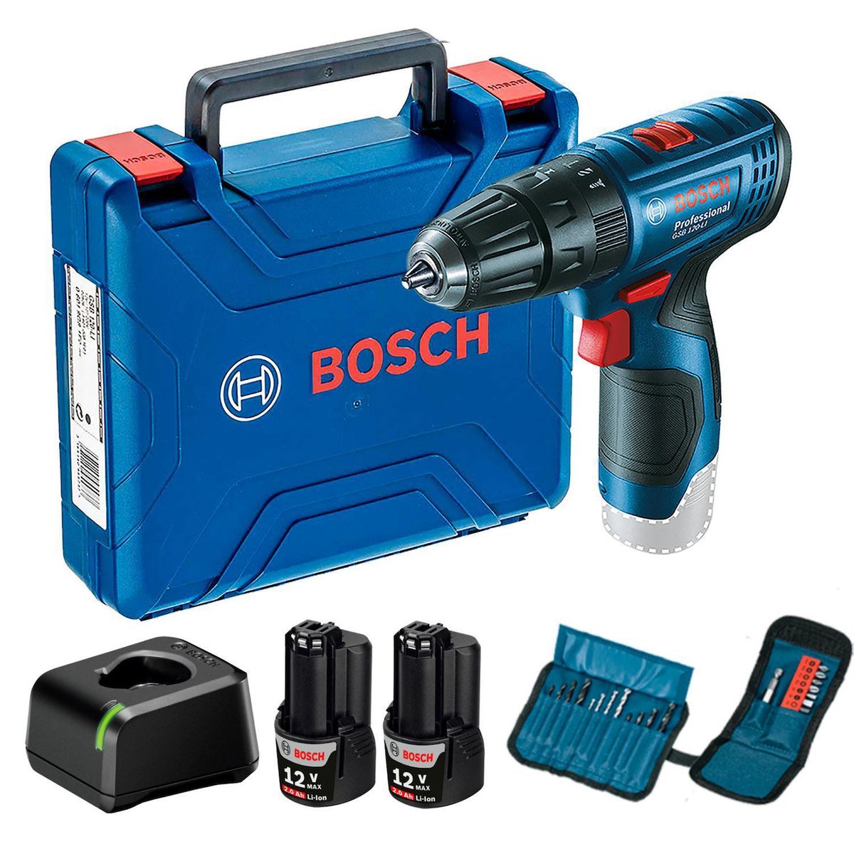 BOSCH - Taladro inalámbrico percutor 10 mm 12V + 2 baterías + 23 accesorios