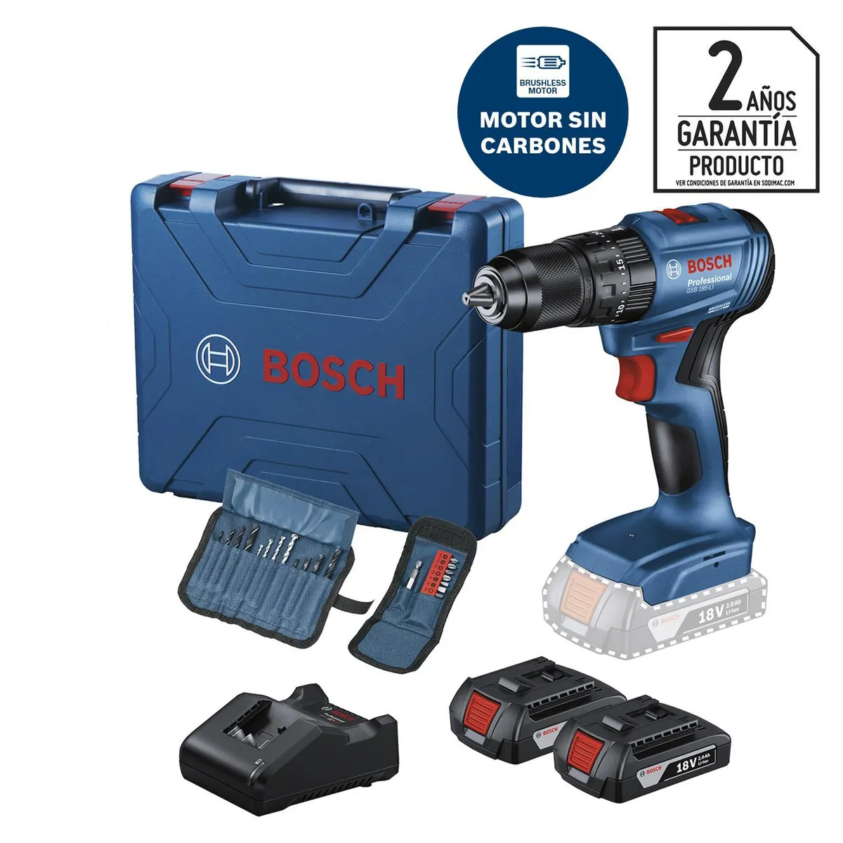 BOSCH - Taladro inalámbrico percutor 13 mm 18V + 2 baterías + 23 accesorios