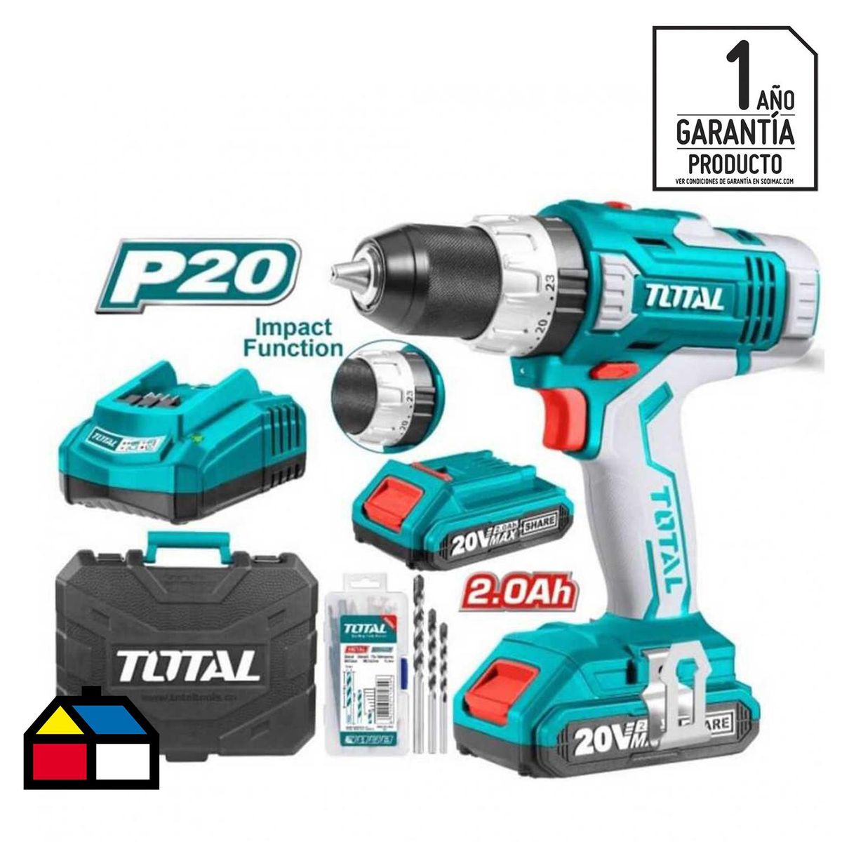 TOTAL TOOLS - Taladro Inalábrico Percutor 13 mm 20 V/2 Baterías/50 Accesorios