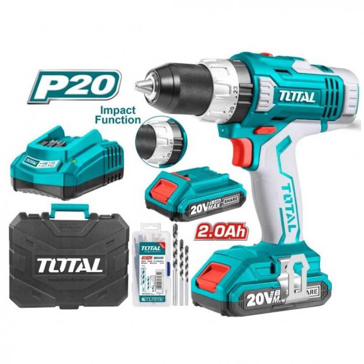 TOTAL TOOLS - Taladro Inalábrico Percutor 13 mm 20 V/2 Baterías/50 Accesorios