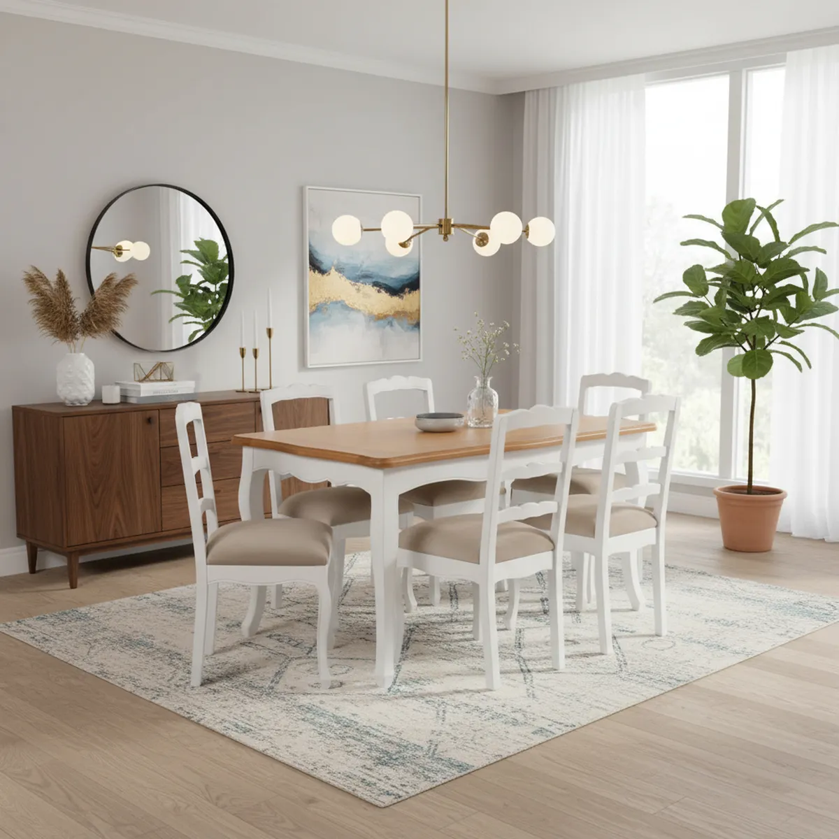 NUEVALINEA - Juego de Comedor Provenzal 6 Sillas Mesa Rectangular 90x80x150 cm Café