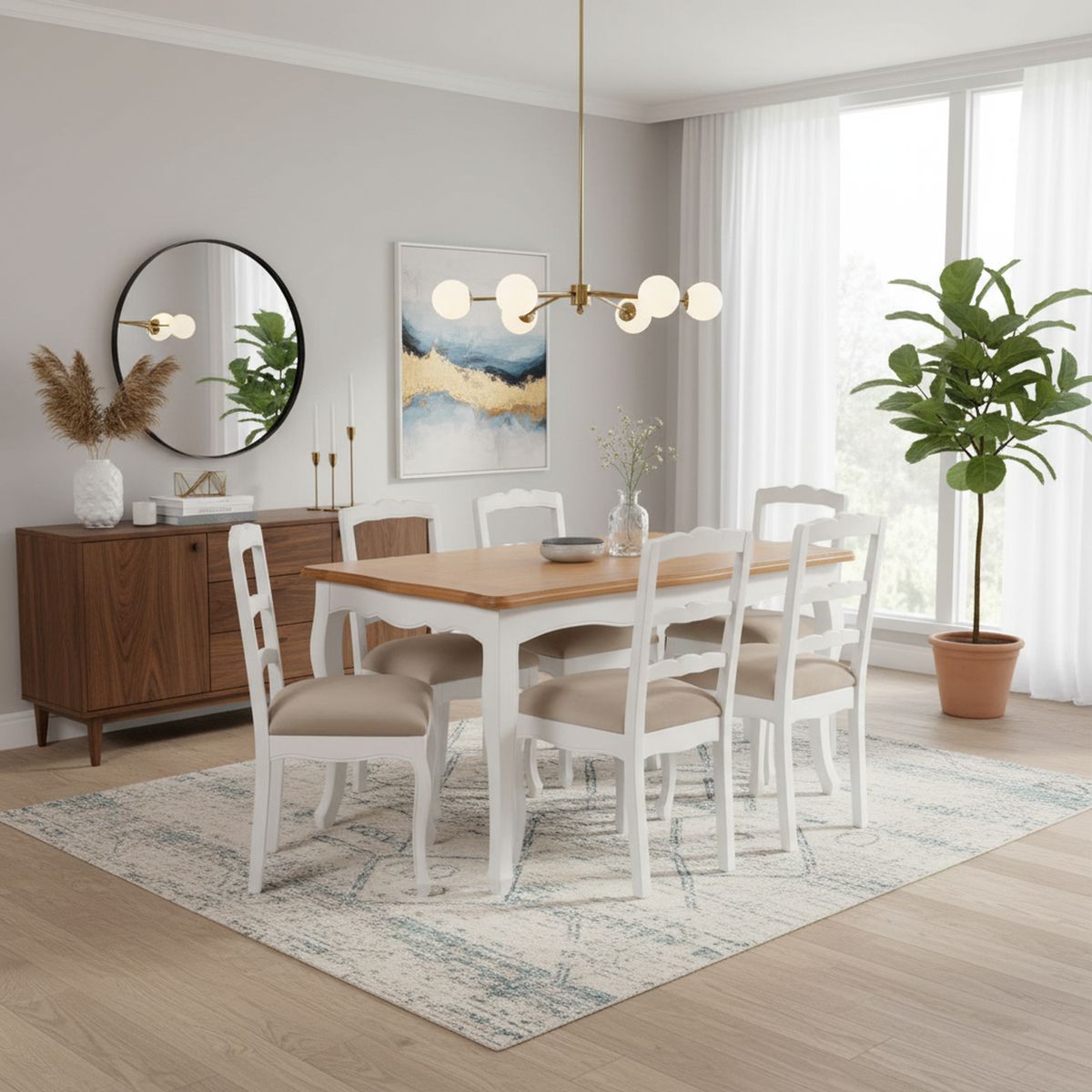NUEVALINEA - Juego de Comedor Provenzal 6 Sillas Mesa Rectangular 90x80x150 cm Café