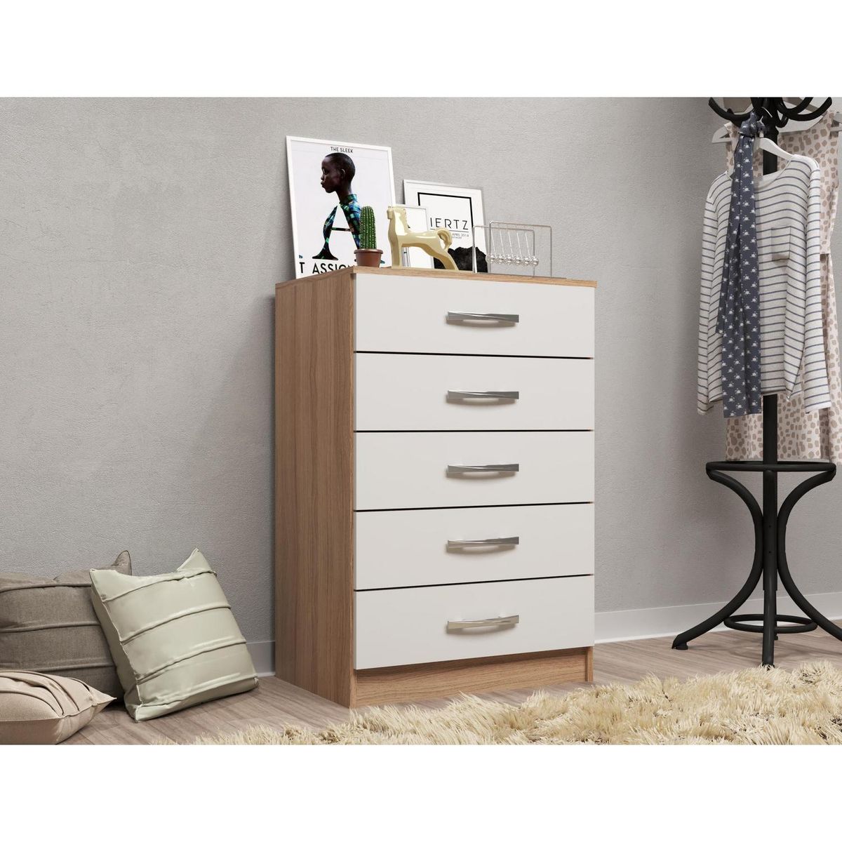 EXIT - Cómoda 5 Cajón(es) CP055 60x90x40 cm Blanco y roble