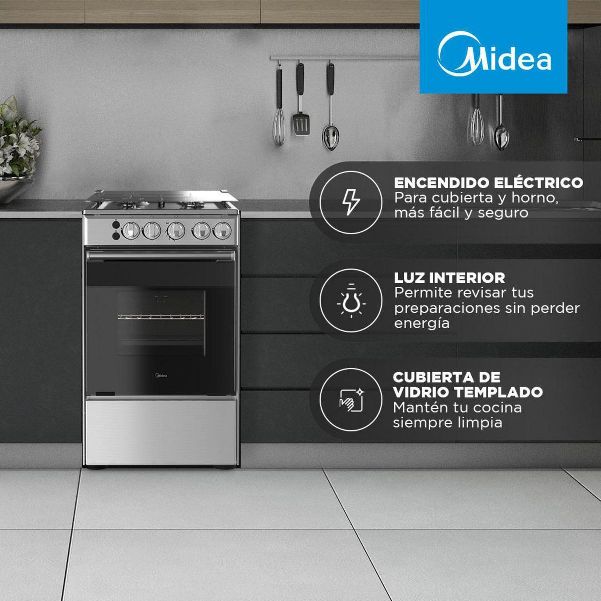 MIDEA - Cocina a Gas 4 Platos Inox MCG-4QSG20NS