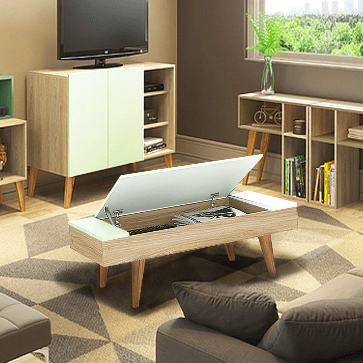 BE DESIGN - Mesa centro con almacenamiento nature/blanco 1002 Leaves