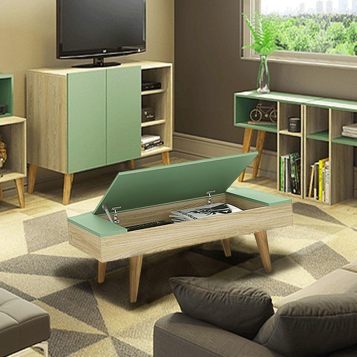 BE DESIGN - Mesa centro con almacenamiento nature/verde 1002 Leaves