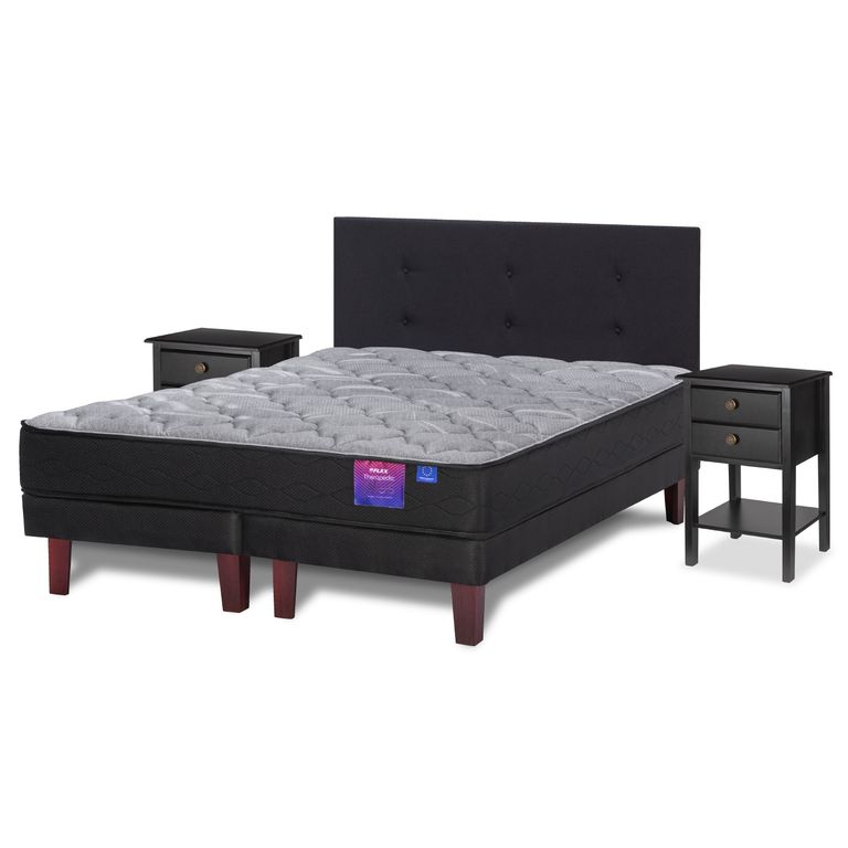 Cama Europea Therapedic plus 2 pl box + respaldo Royal negro + velador Rover