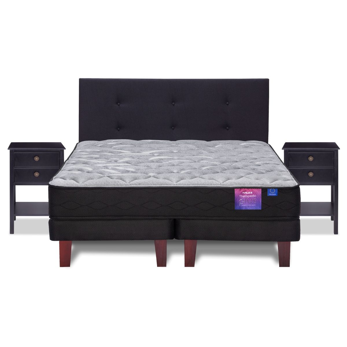 FLEX - Cama Europea Therapedic plus 2 pl box + respaldo Royal negro + velador Rover