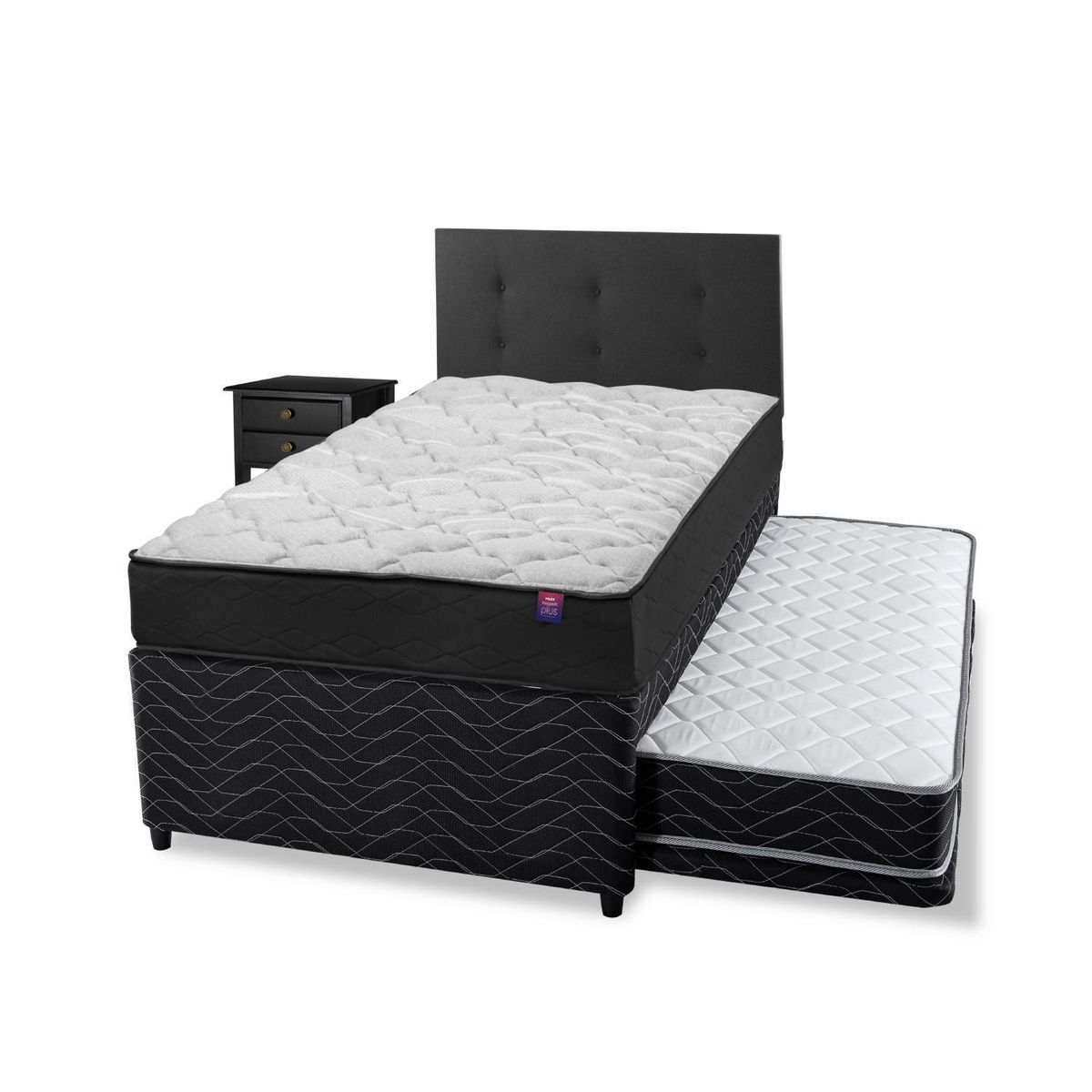 FLEX - Diván Therapedic Plus 1.5 Plaza 105X200+Respaldo Royal Negro+Veladores