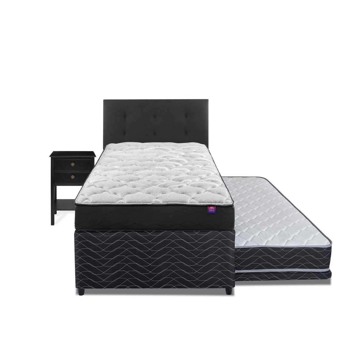 FLEX - Diván Therapedic Plus 1.5 Plaza 105X200+Respaldo Royal Negro+Veladores