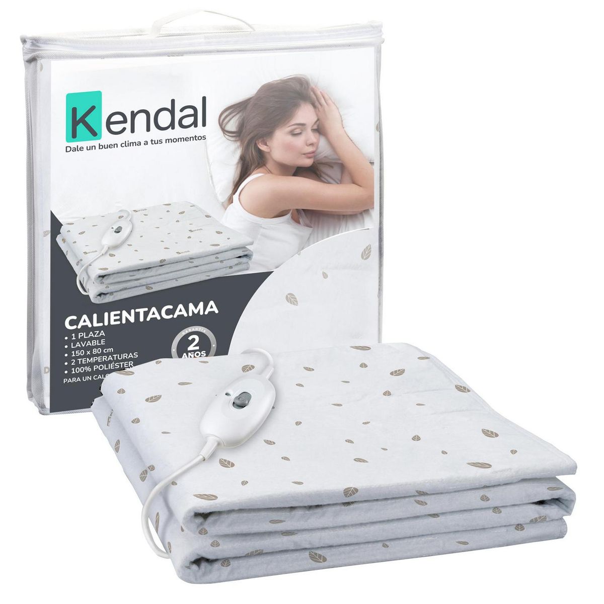 KENDAL - Calientacamas Eléctrica Poliéster 1 plaza 55 W Blanco con diseño