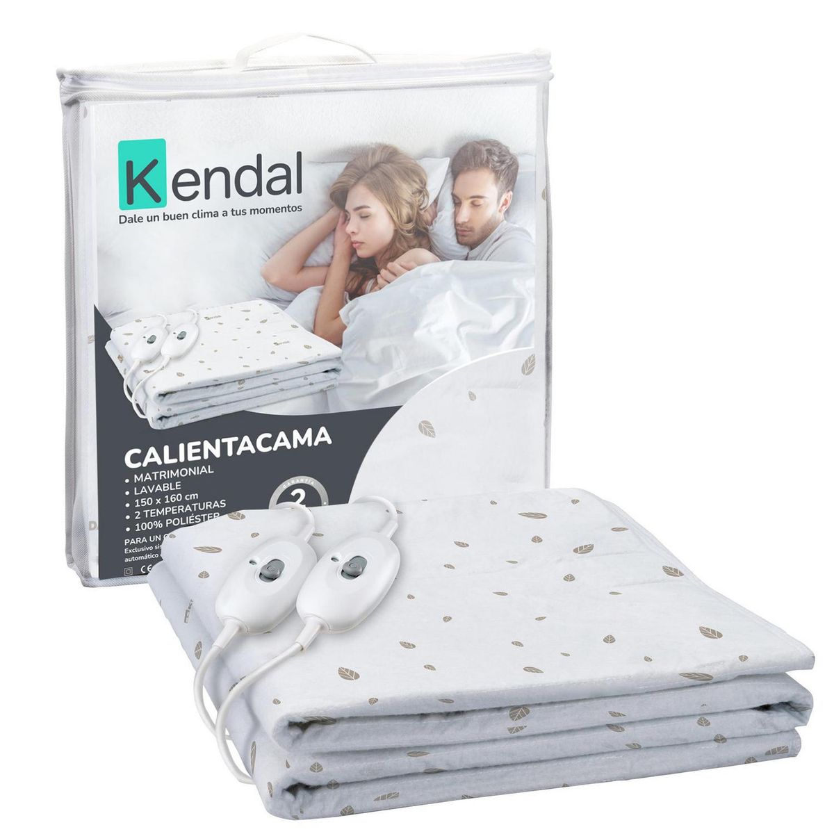 KENDAL - Calientacamas Eléctrica Poliéster 2 plazas 100 W Blanco con diseño