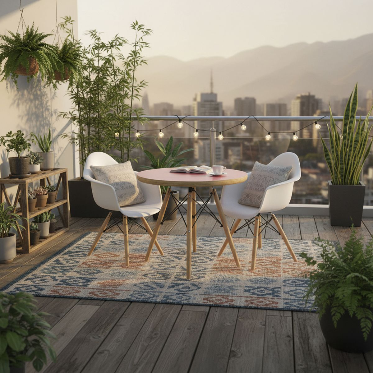 DE PIES A CABEZA - Set De Mesa Cubierta Rosada Y Dos Sillas Eames