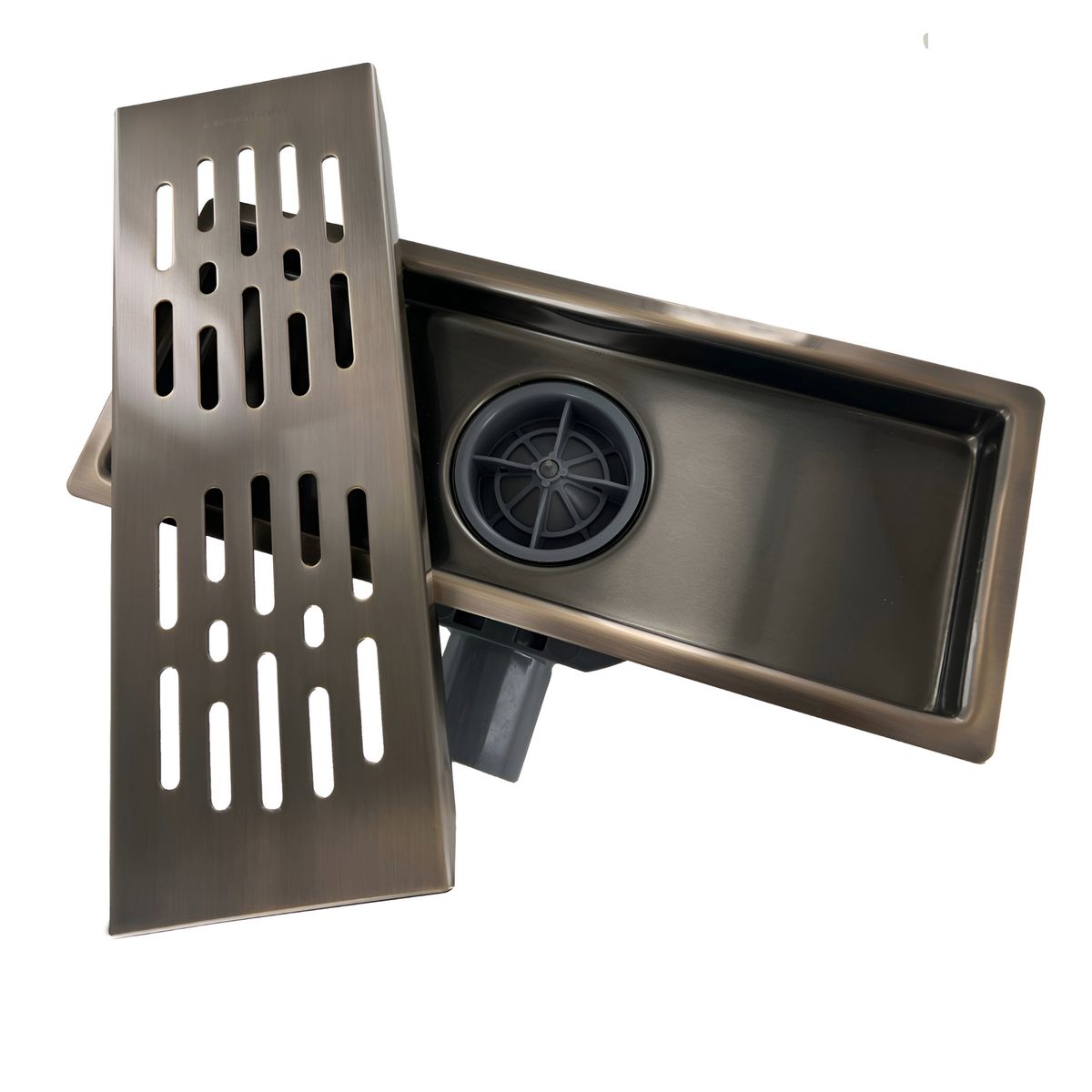 CORSOVALV - Pileta Acero Inoxidable Bronce Antiguo Rectangular 12x30 cm Trampa Pvc 40 mm