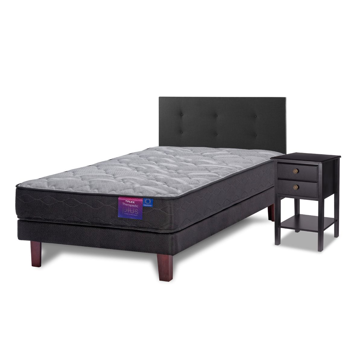 FLEX - Cama Europea Therapedic plus 1,5 pl box + respaldo Royal negro + velador Rover