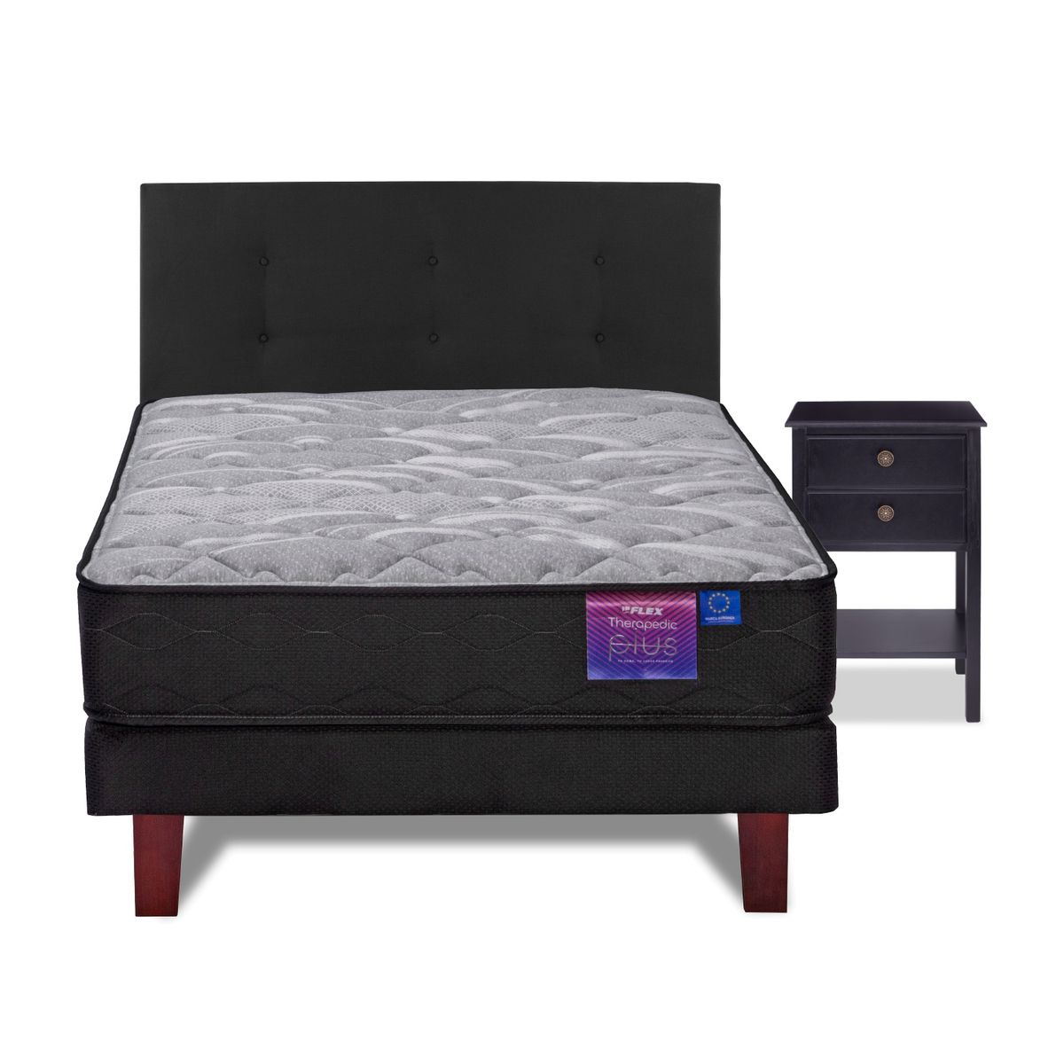 FLEX - Cama Europea Therapedic plus 1,5 pl box + respaldo Royal negro + velador Rover