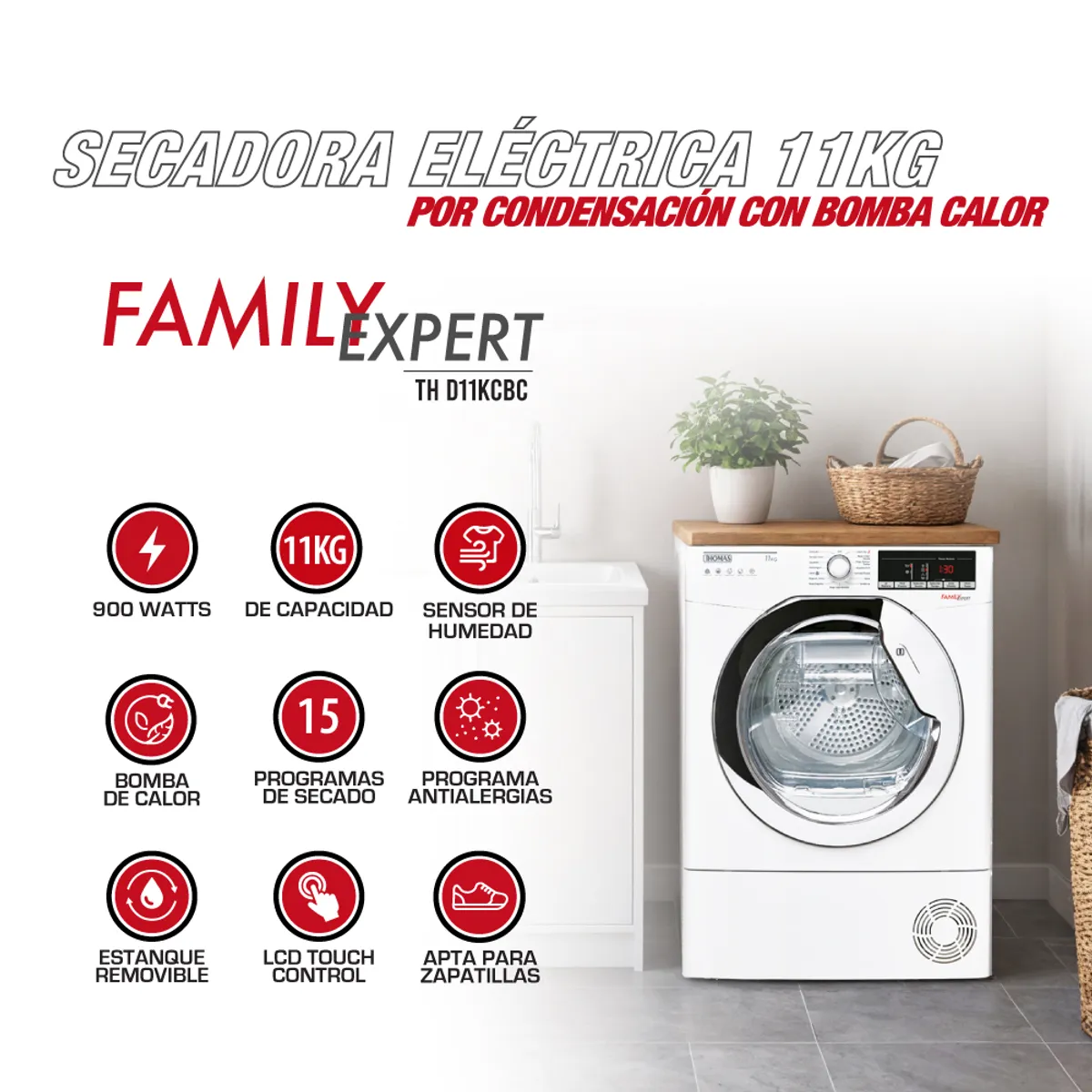 THOMAS - Secadora de Ropa 11 kg Carga Frontal con Bomba de calor Blanco TH-D11KCBC