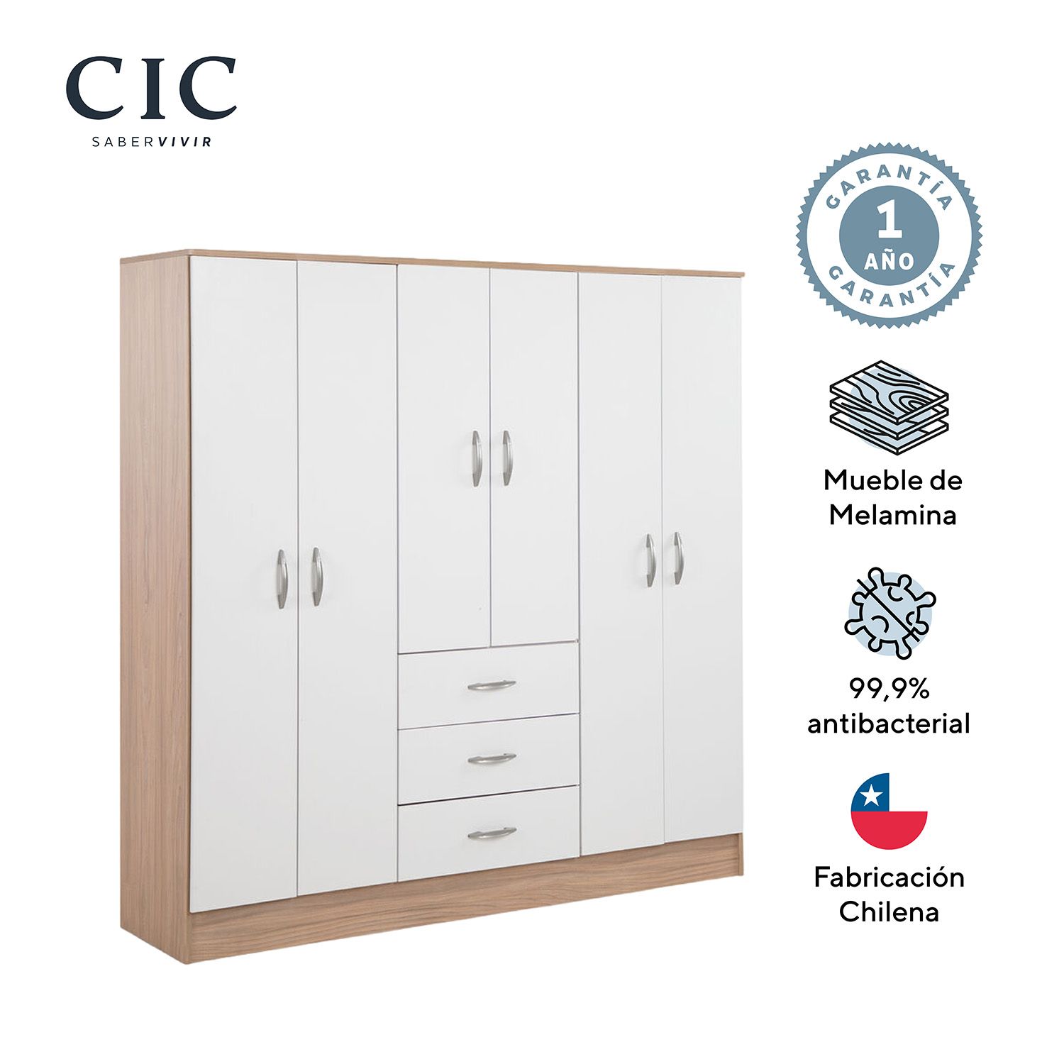 CIC Clóset Maipo 6 Puerta(s) 3 Cajón(es) 2 Repisa(s) 180x180x47 cm
