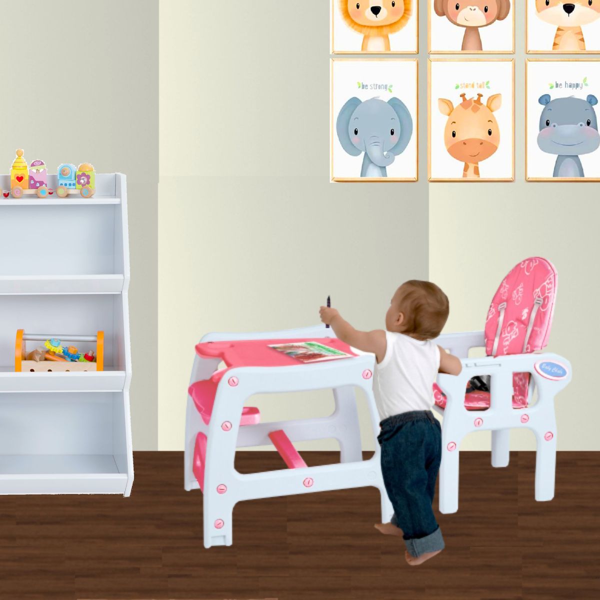 BE DESIGN - Silla de comer New rosa claro 3 funciones