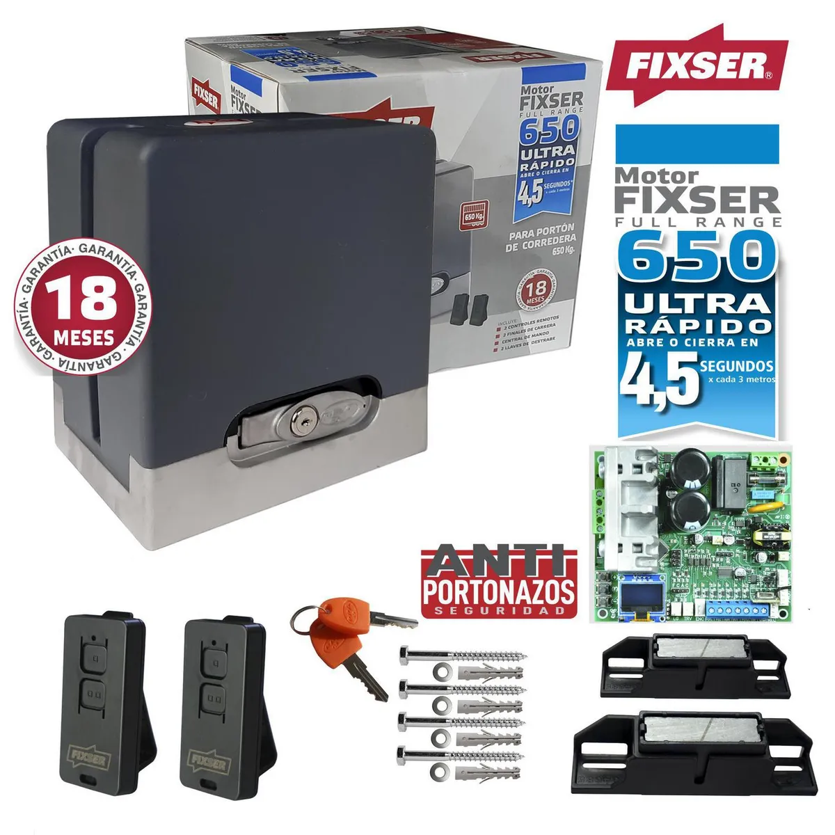 FIXSER - Kit motor portón eléctrico 4,5 seg 650 kg rápido antiportonazo