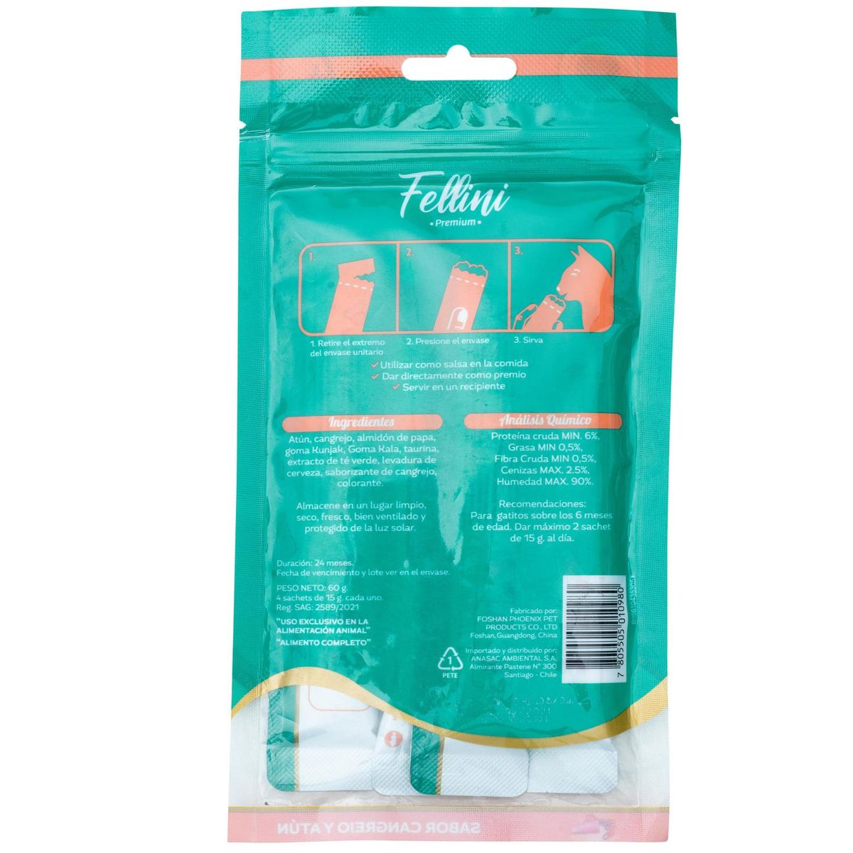 FELLINI - Snack Húmedo para Gato Adulto Atún y Cangrejo 