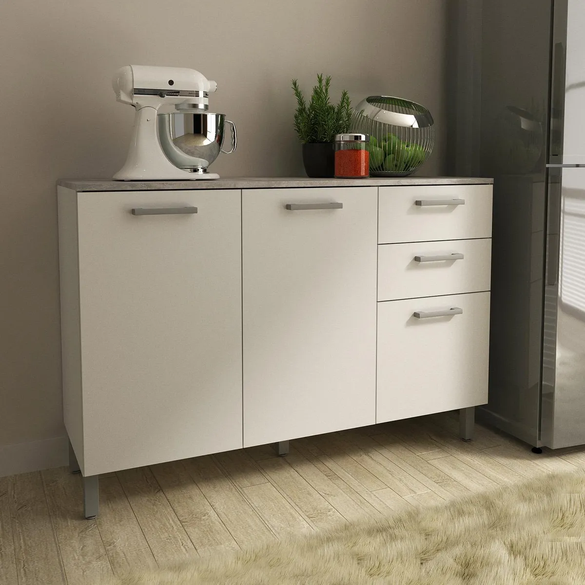 TECNOMOBILI - Mueble cocina 2 puertas y 3 cajones Blanco/Blanco/Concreto CZ1004BB