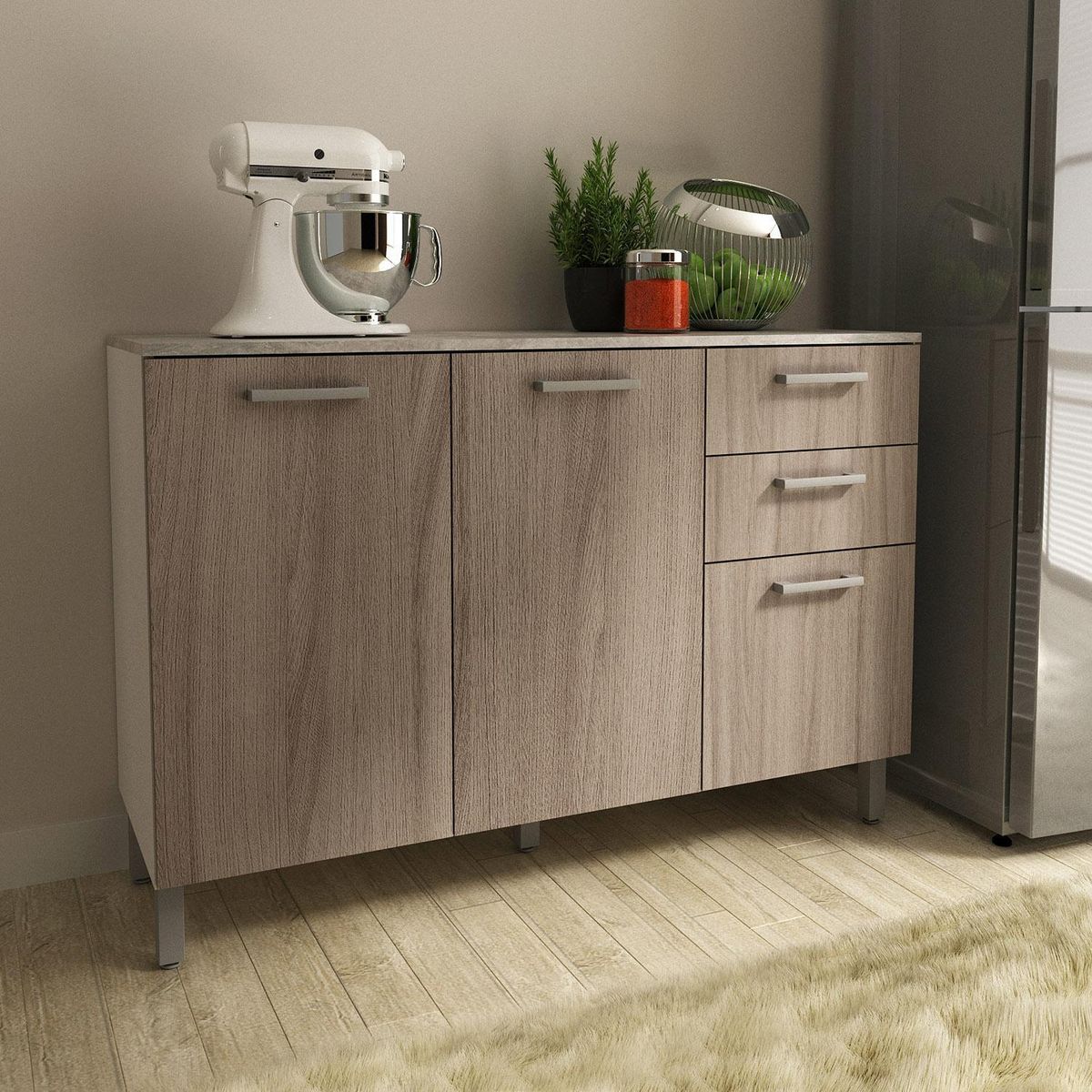 TECNOMOBILI - Mueble cocina 2 puertas y 3 cajones Blanco/Carvalho/Concreto CZ1004BC