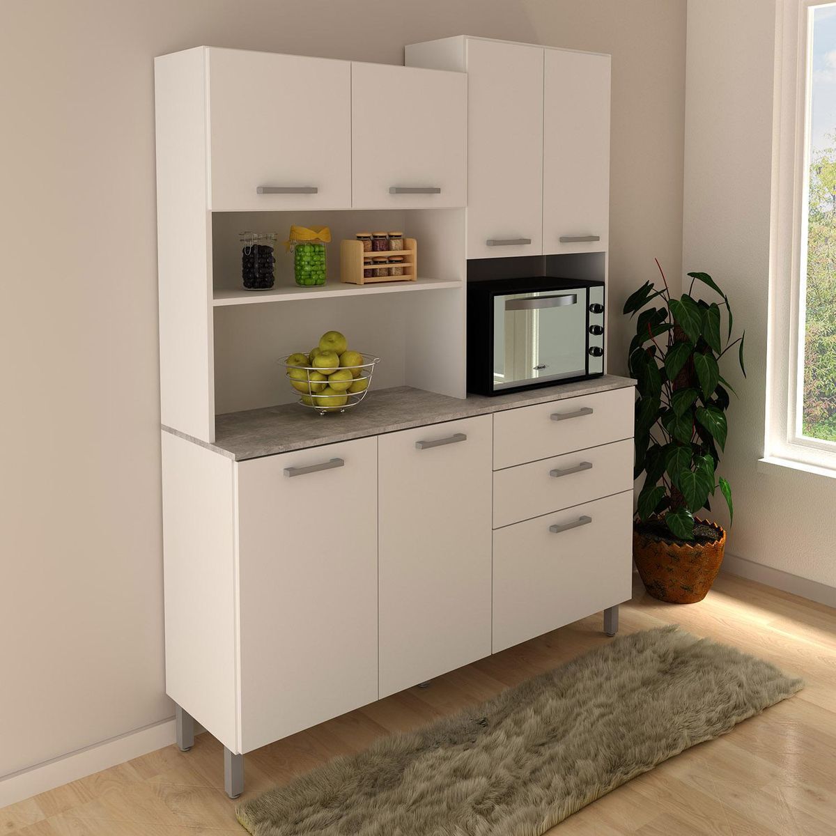 TECNOMOBILI - Kit Mueble Cocina 6 Puertas 3 Cajones Blanco/Blanco/Concreto espesor 15mm