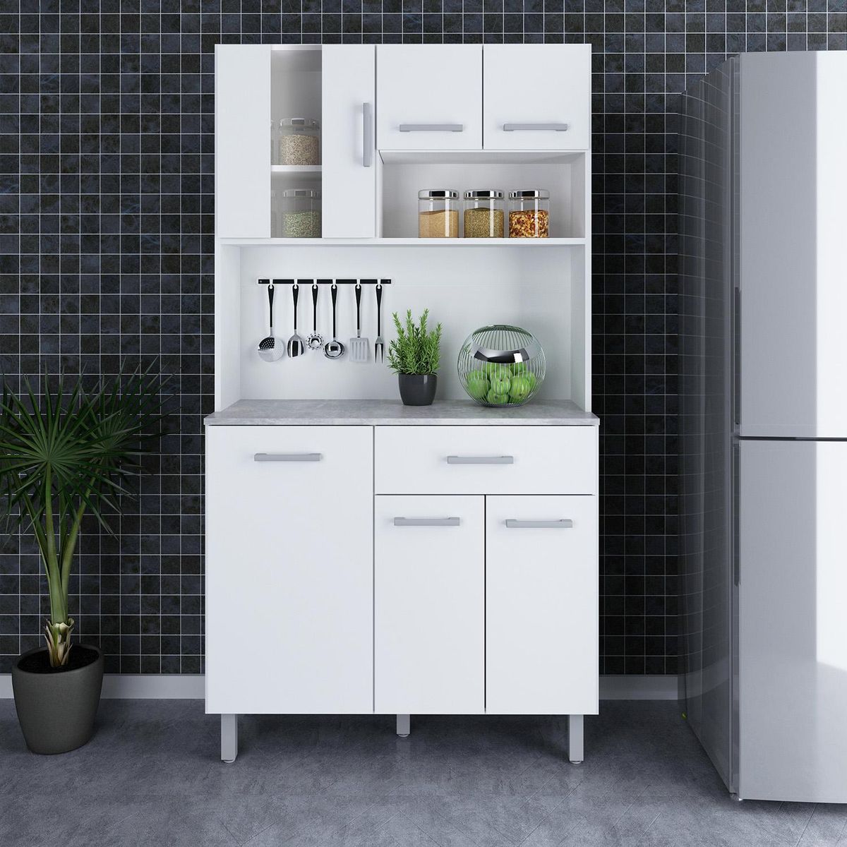 TECNOMOBILI - Kit Mueble Cocina 6 Puertas Y 1 Cajón Blanco/Blanco/Concreto espesor 15mm