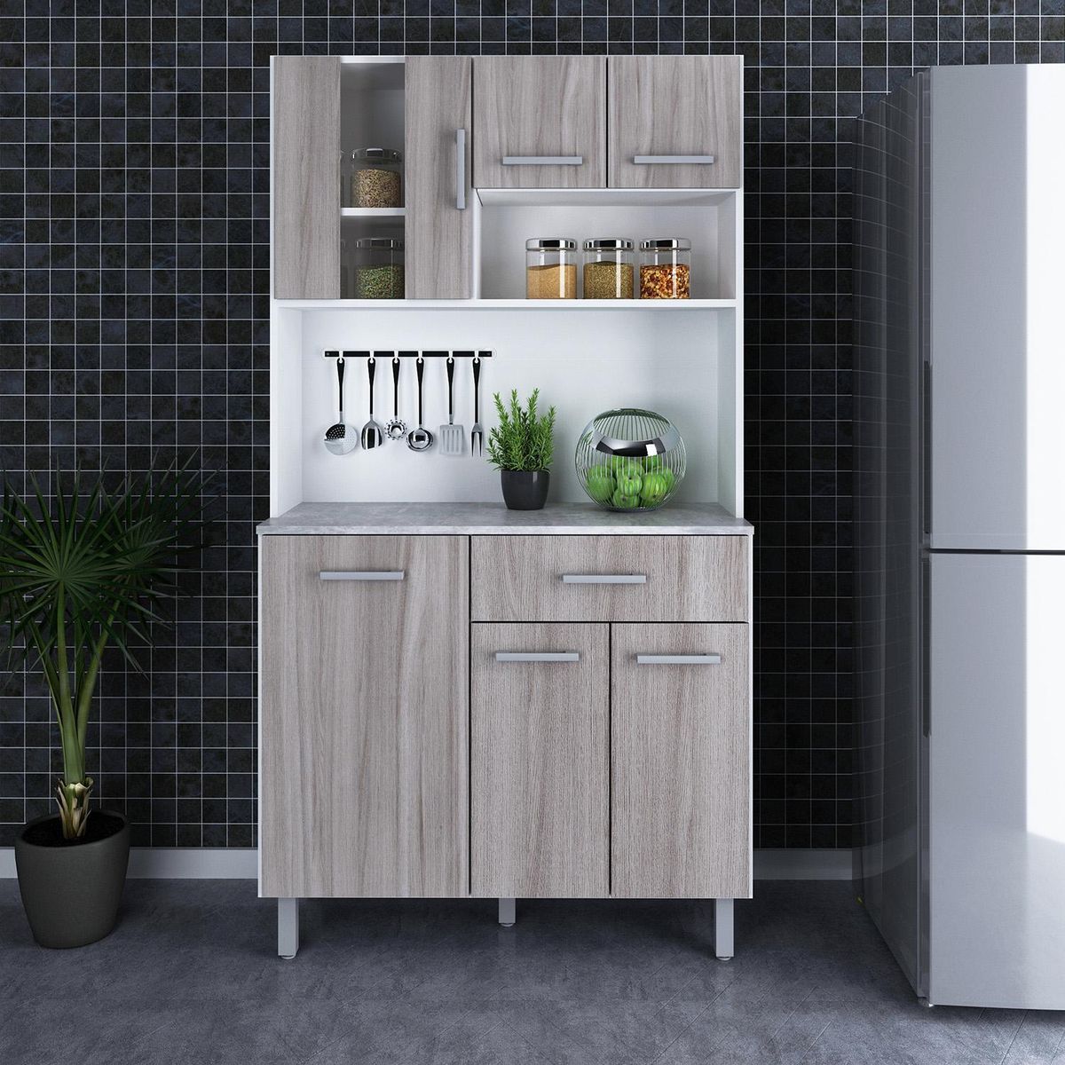 TECNOMOBILI - Kit Mueble Cocina 6 Puertas 1 Cajón Blanco/Carvalho/Concreto espesor 15mm