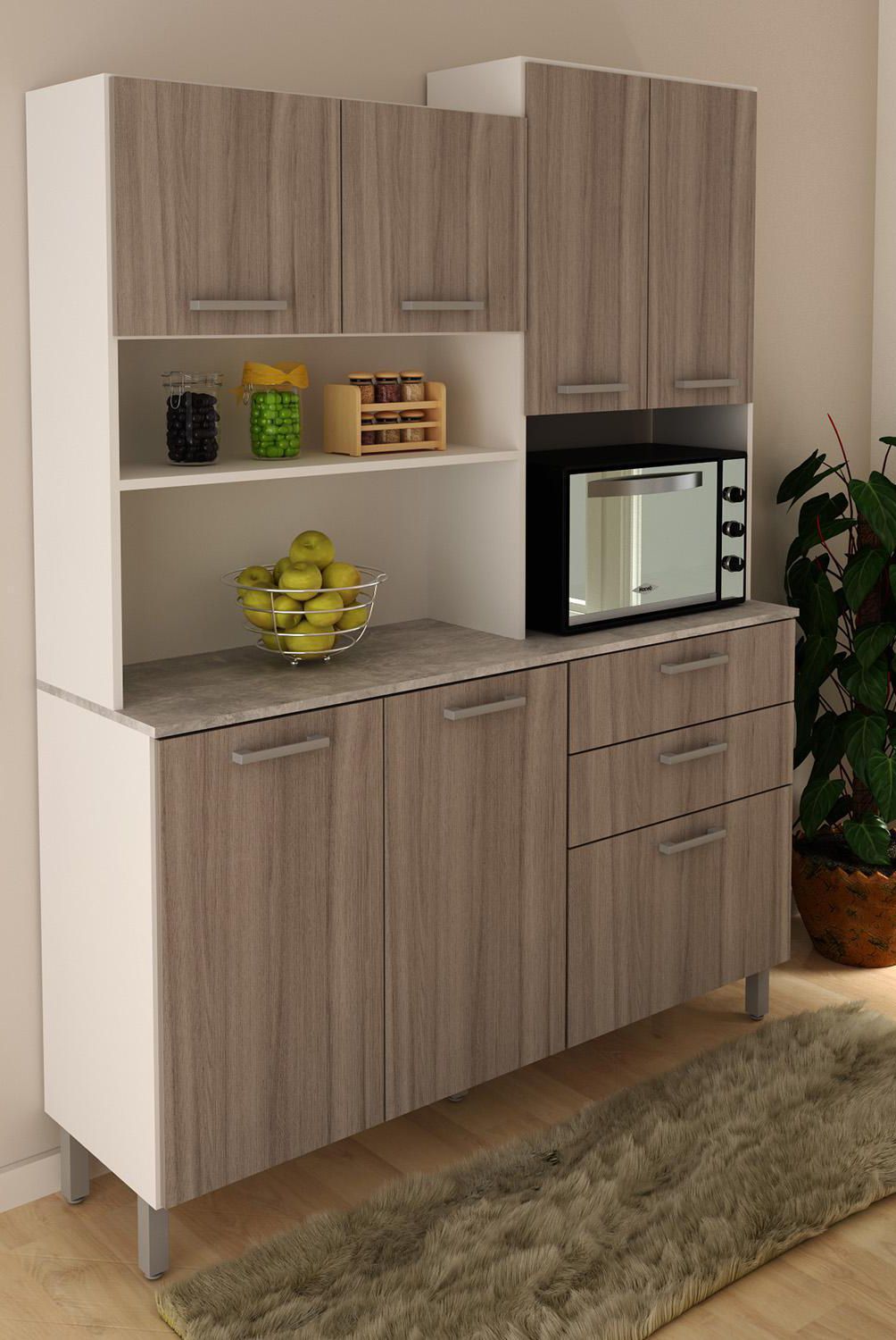 TECNOMOBILI - Kit Mueble Cocina 6 Puertas 3 Cajones Bl/Carvalho/Concreto espesor 15mm