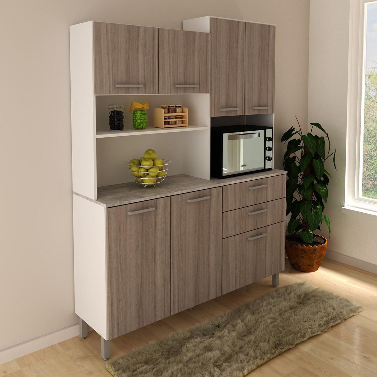 TECNOMOBILI - Kit Mueble Cocina 6 Puertas 3 Cajones Bl/Carvalho/Concreto espesor 15mm