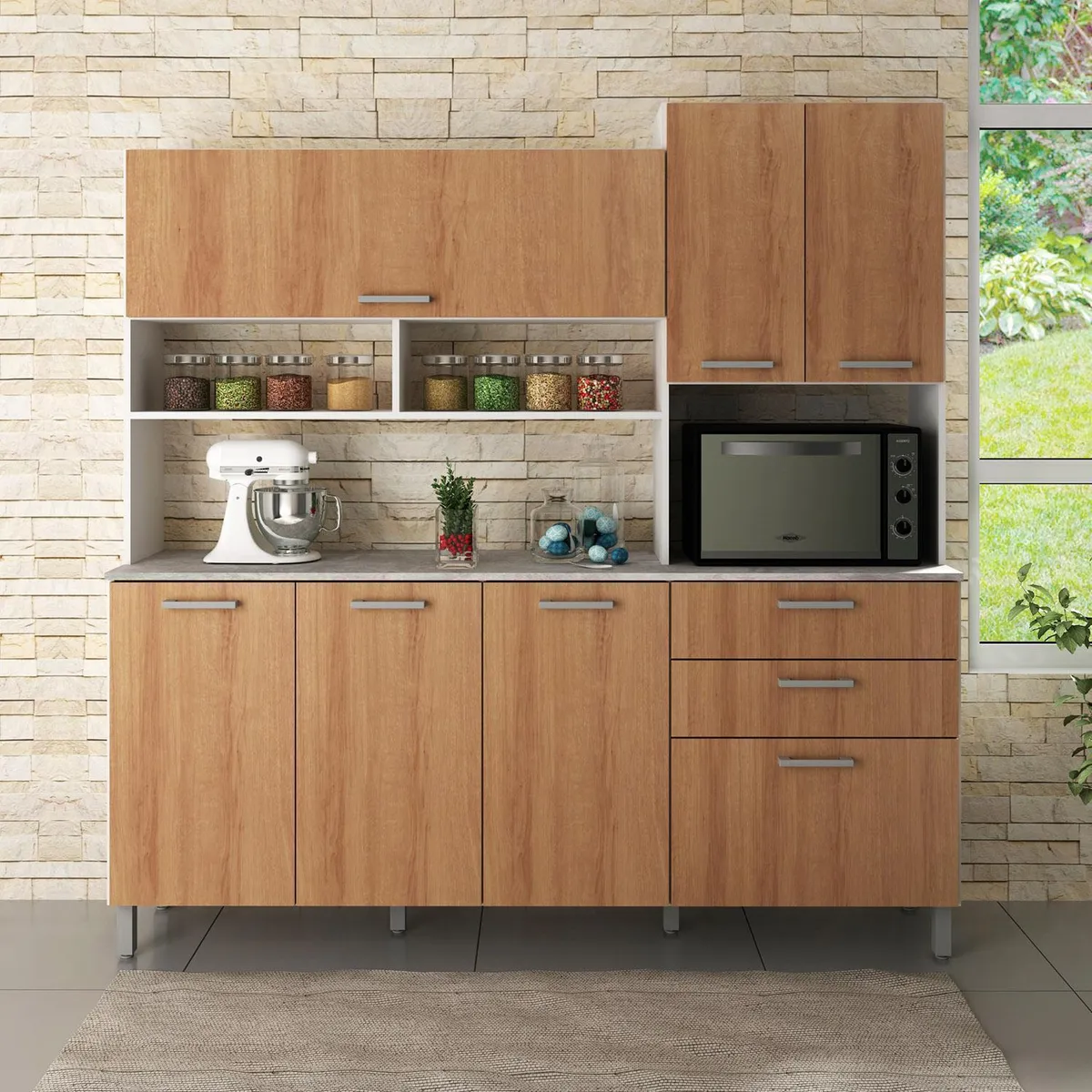 TECNOMOBILI - Kit Mueble Cocina 6 Puertas 3 Cajones Bl/Almendra/Concreto espesor 15mm